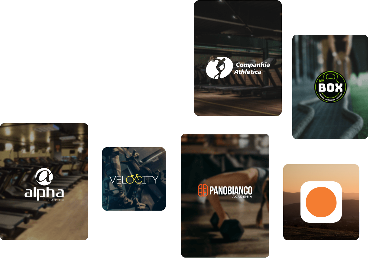 Logos de alguns dos nossos maiores parceiros: Companhia Athletica, MyBox, Aplha Fitness, Panobianco, Velocity, Calm