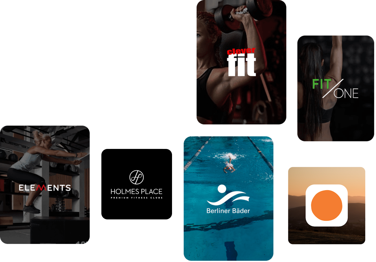 Logo: Elements, Fit/ONE, Berliner Bader-betriebe, Calm App, Prime Time Fitness, Clever Fit