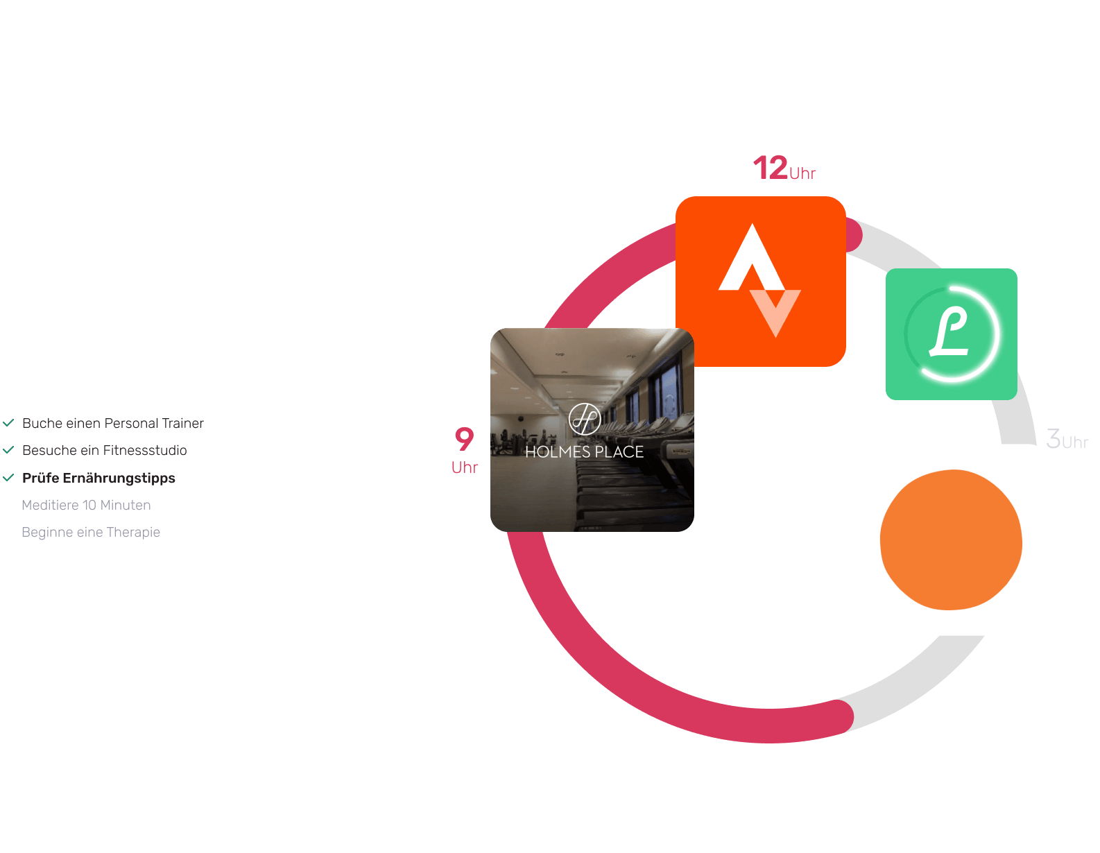Du kannst Gympass den ganzen Tag über für verschiedene Aktivitäten nutzen. Ein Beispiel: 9 Uhr morgens mit dem Besuch eines Fitnessstudios beginnen, 12 Uhr die Strava App nutzen, die Lifesum App zur Ernährungsplanung verwenden und den Tag mit der Mediotopia App für mentales Wohlbefinden beenden.