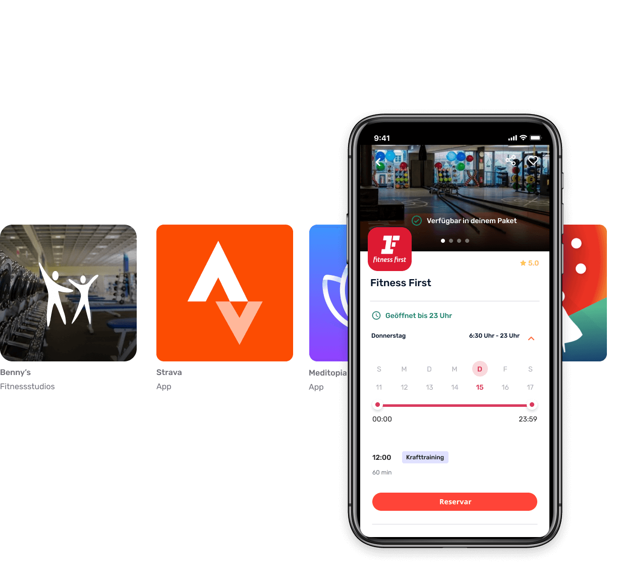In deinem Handy kannst du wählen, was du willst: Benny's Fitnessstudio, Strava app, Meditopia app, Fabulous app