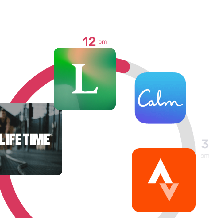 You can use Gympass during the whole day for different activities. An exemple: 9a.m. start with Life Time Fitness app, 12p.m. track fitness with Strava, you can use Lifesum app to nutrition planning, and finish the day with Mediotopia app to mental wellness.